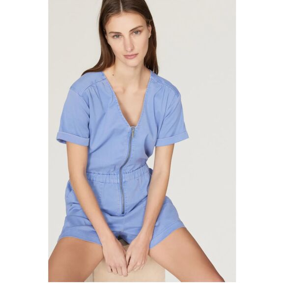 Splendid NWT Azure Blue Emerson Zip Front Casual Short Sleeve Utility Romper XS - Picture 2 of 16